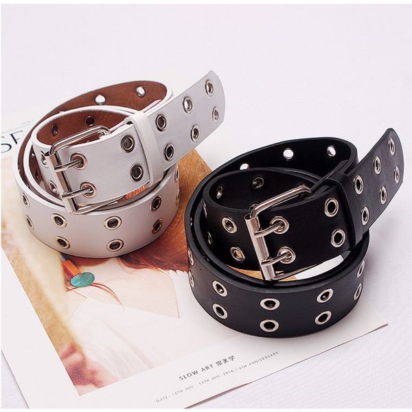 

women belt adjustable waistband leather double pin buckle belt punk wind jeans fashion decorative chain women unisex, Black;brown