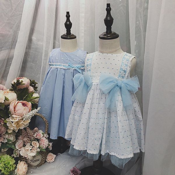 

kids Girl designer clothes Dress Spain style Summer Round Collar Sleeveless Blue color mesh Design Lolita Dress Princess Girl Clothing Dress