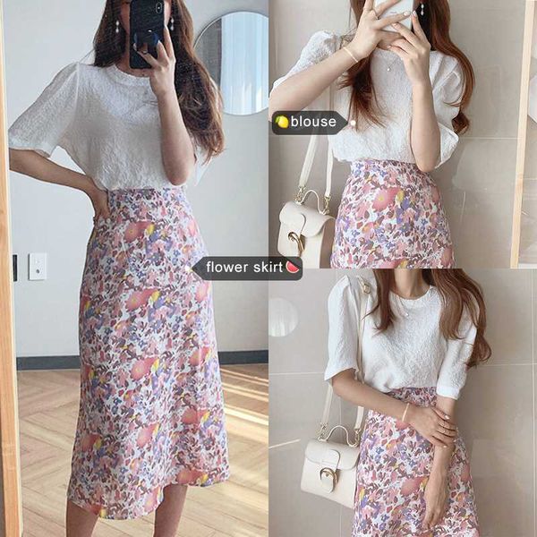 

summer two piece short set for women short sleeve o-neck loose blouse and high waist floral longf skirt korean 2 piece set, White