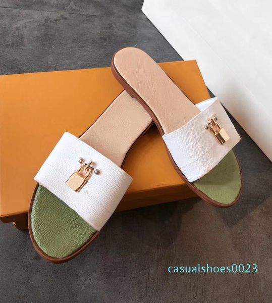 

women designer sandal lock it flat mule luxury slippers genuine leather designer slides summer flat flip flops large us 4-11 with box c23, Black