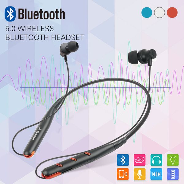 

sports bluetooth earphone neck bluetooth headset 5.0 bass waterproof headphone built-in mic support tf card
