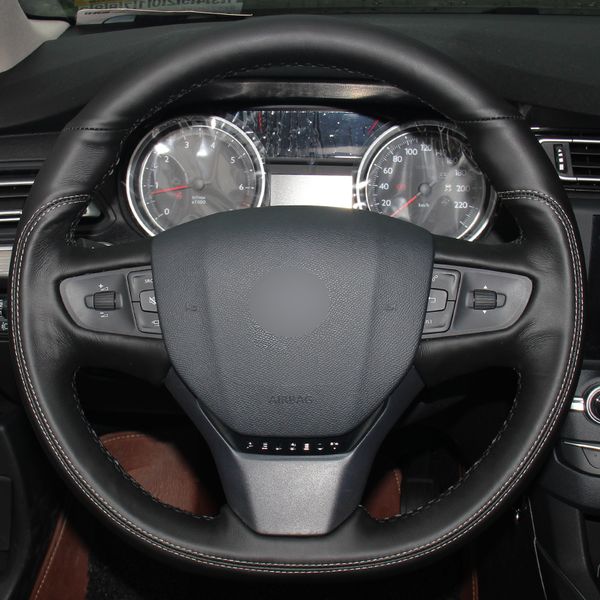 

black natural leather car steering wheel cover for peugeot 408 2014 2015