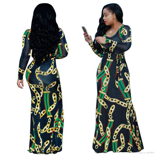

s-xxxl ladies red green stripe golden chains printed maxi dress woman autumn casual o neck long sleeve belted dresses party dress, Black;gray