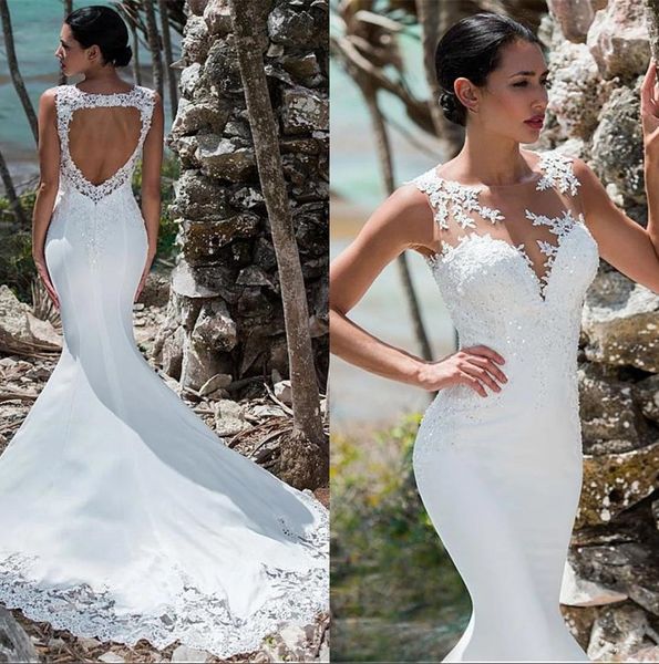 

sheer crew neck атласная русалка свадебные платья 2019 кружева аппликации из бисера hollow назад плюс размер свадебные платья, White