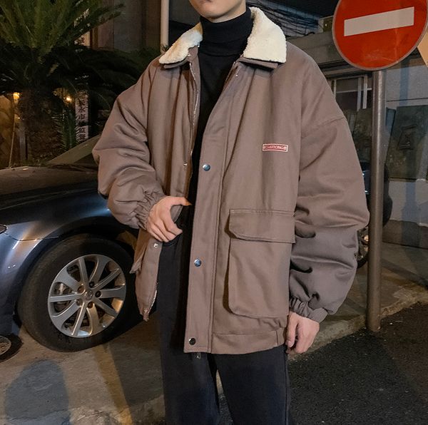 

2019 winter new lamb hair thickening tooling jacket fashion casual solid color loose cotton coat trend gray / black m