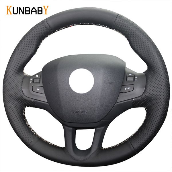 

kunbaby black genuine leather car steering wheel cover for 208 2008