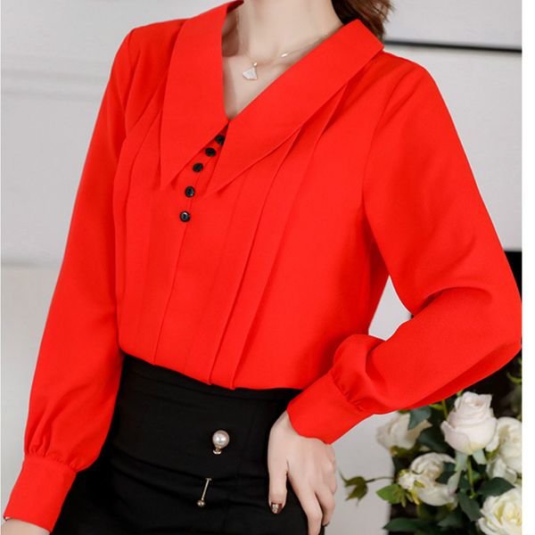 

v-neck long-sleeved casual chiffon shirt spring 2019 ladies korean version the red white shirt slim button women's elegant