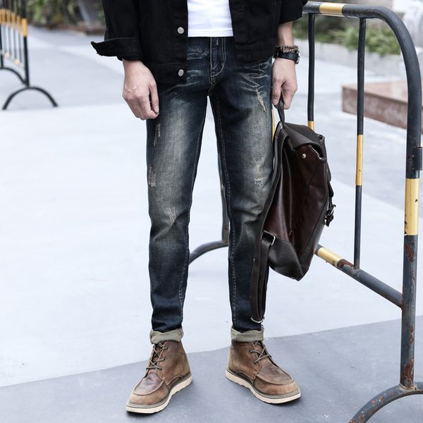 

новые мужские рваные джинсы осенью и зимой 2019 модные ретро прямые джинсы случайные хлопка тонкие брюки локомотивных, Blue