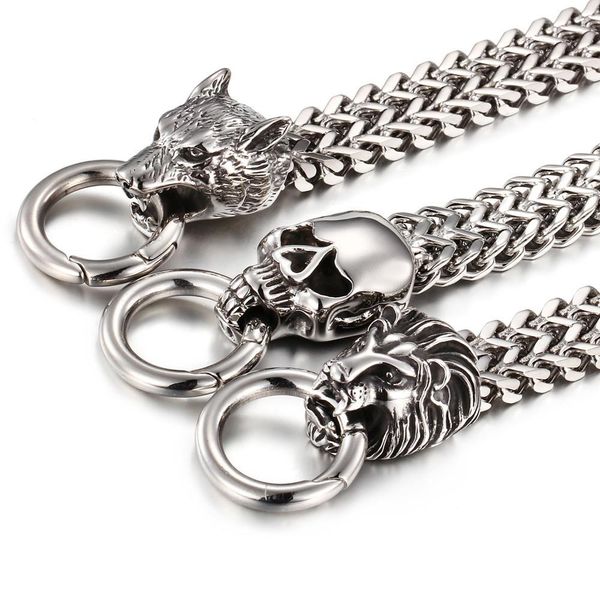 

silver figaro rolo chain with stainless steel lion/skull/wolf head bracelet fashion men's cuff jewelry 15mm*8.66, Golden;silver