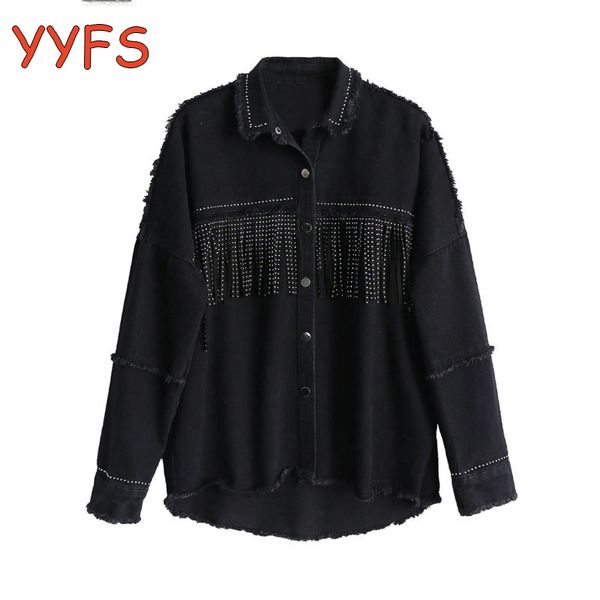 

black loose denim jacket women vintage stylish fringe beaded button jeans jacket women 2020 turndown collar chic chaqueta mujer, Black;brown