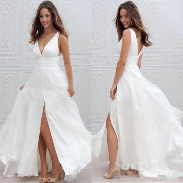 

2019 new summer beach boho wedding dresses a line v neck split long chiffon bridal gowns bohemian, White