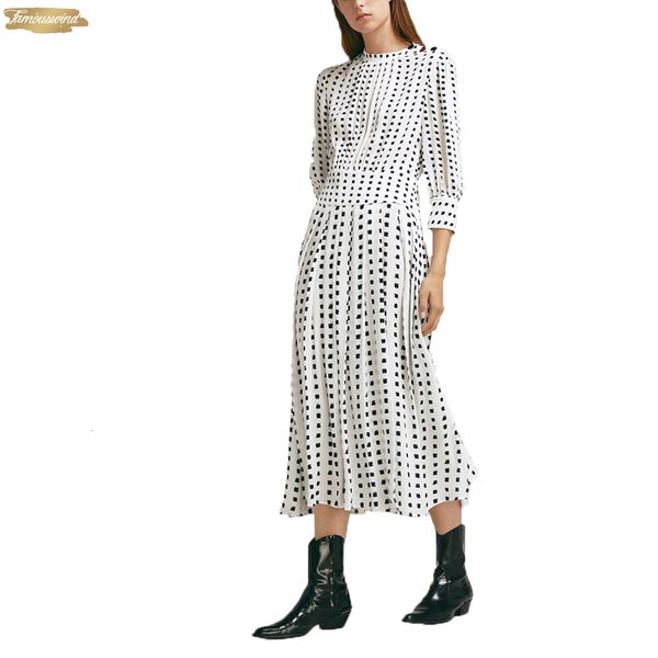 

2019 new dress spring round neck long sleeve solid vintage dresses chiffon dot loose women white casual beach party dresses, Black;gray