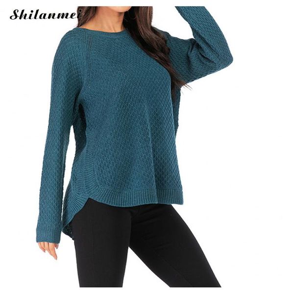

women 2019 irregular autumn winter blue solid knitted sweater long sleeves loose o-neck pull casual sweater warm clothing, White;black