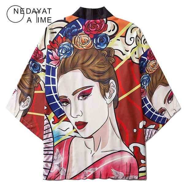

men's jackets floral geisha print japanese kimono jacket harajuku hip hop men japan style streetwear summer thin clothes loose, Black;brown