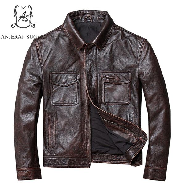 

plus size retro-made cow genuine leather jacket men brown black gary 2019 pocket turn-down collar motorcycle coat bomber jackets
