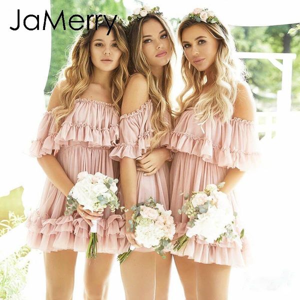 

jamerry ruffle off shoulder women mini dress spaghetti strap summer dresses holiday beach female pink short sundress 2019, Black;gray