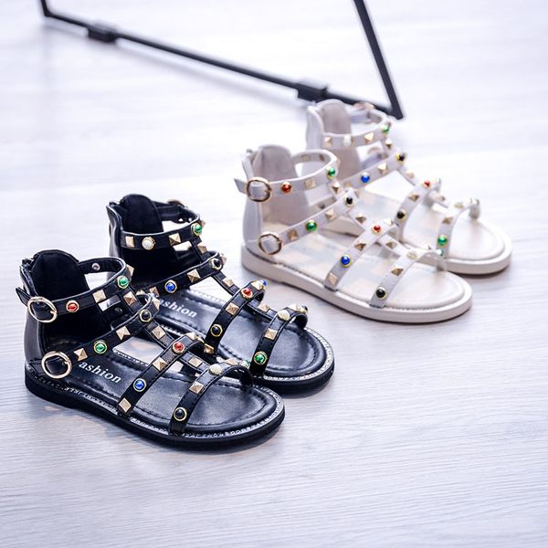 

girls colorful rivet princess sandals children beach shoes non-slip flat bottom korean casual princess shoes 2020 new girls roma, Black;red