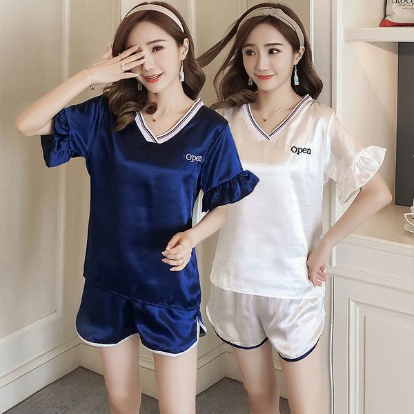 

2019 summer silk satin short sleeve v-neck pajama sets for women shorts sleepwear suit pyjama homewear pijama mujer home clothes, Blue;gray