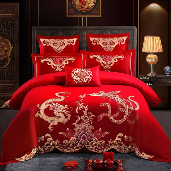 

wedding duvet cover set embroidered bedding set 100%cotton bed sheet pillowcase chinese classical red bedding  king 4-6pcs
