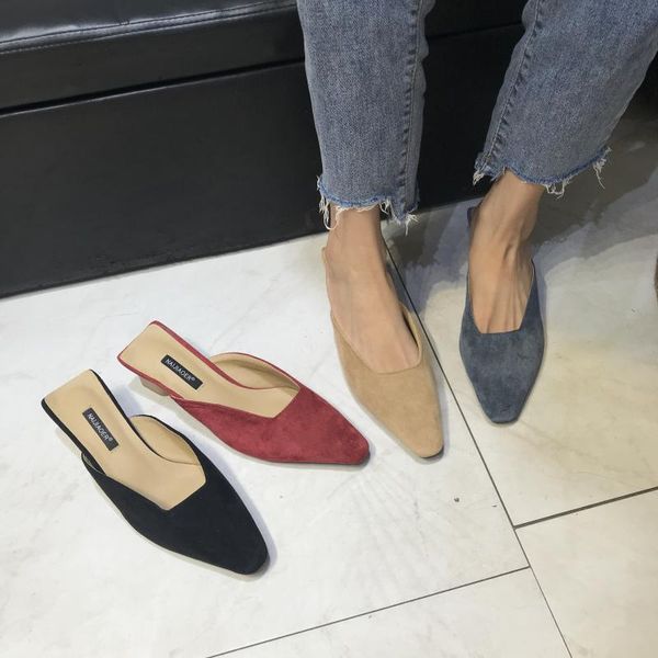 

flock shoes cover toe med woman's slippers square heel slides fashion butterfly-knot 2020 block luxury hoof heels spring basic, Black