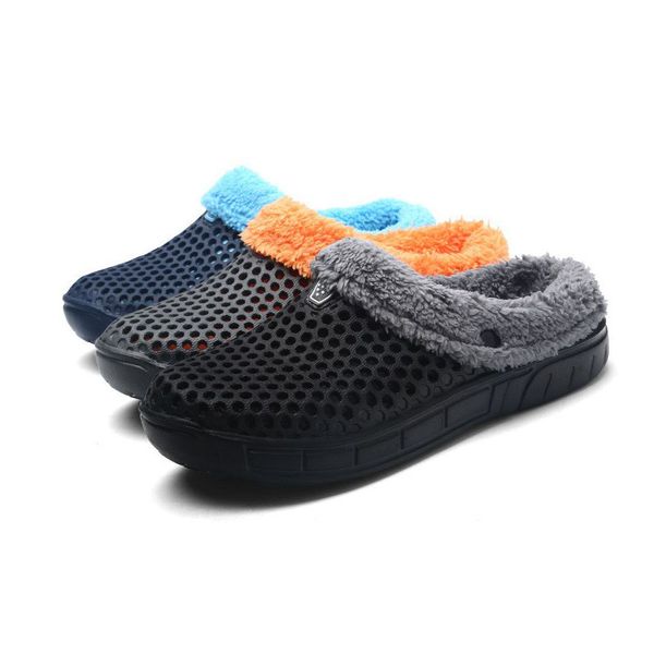 

wholesale casual crocus clogs with fur winter shoes for men soft plush slippers fleece lining home floor warm slipper men shoes, Black