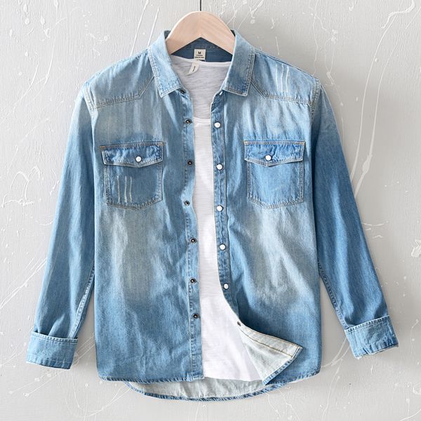 

2020 new style men casual double pocket denim shirt youth pure cotton comfortable versatile cowboy long-sleeve blouse, White;black