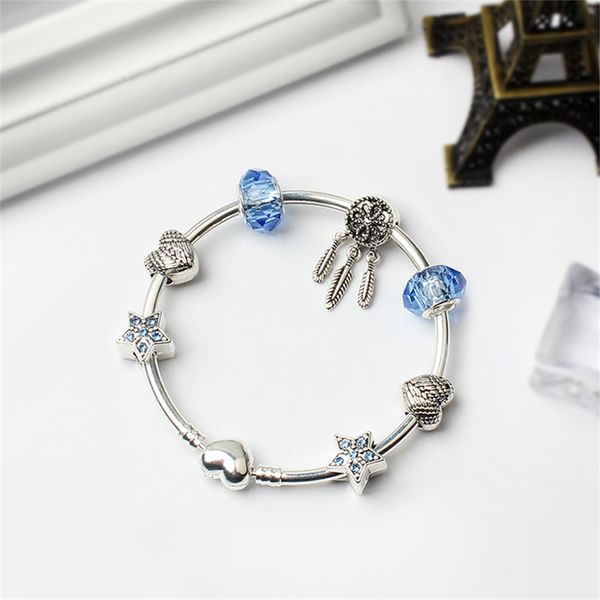 Atacado- Charm Beads Braceletes Moda Pulseira Sonho Catceiro Pingente 925 Silver Pulseira Azul Estrela DIY Jóias Acessórios de Casamento Presente