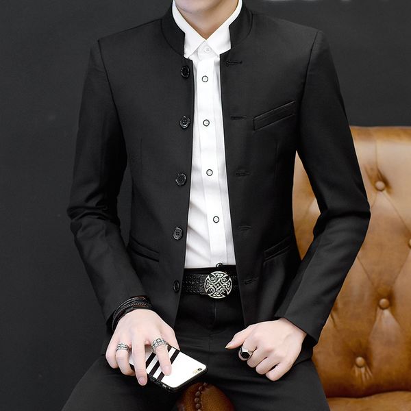 

chinese style men stand collar suit jacket long sleeve, black ,wine red, navy blue, fashion business leisure men blazer coat, White;black