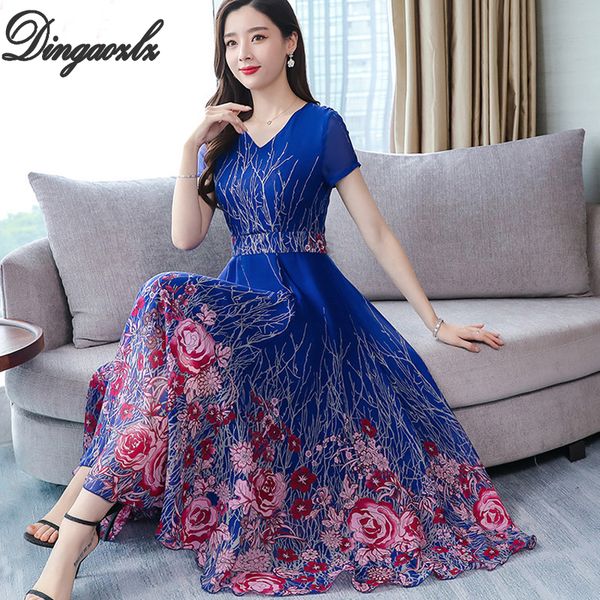 

dingaozlz summer 2019 women chiffon dress slim holiday beach dress new casual printed long vestidos, Black;gray