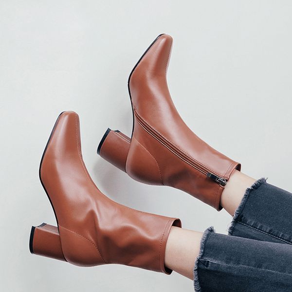 

high heels boots women cow leather ankle boot square toe shoes female fashion party zip shoes ladies autumn, Black