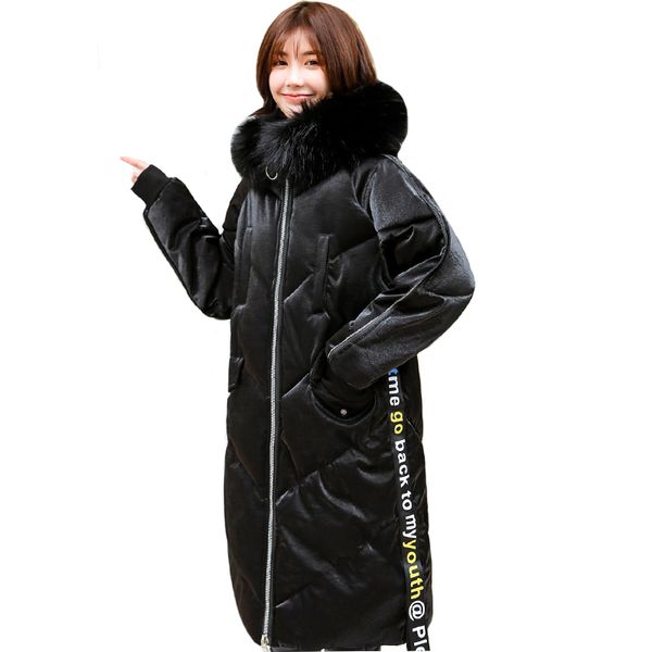 

2019 winter jacket women hooded with thicken fur female down coat long new fabric parka, Black