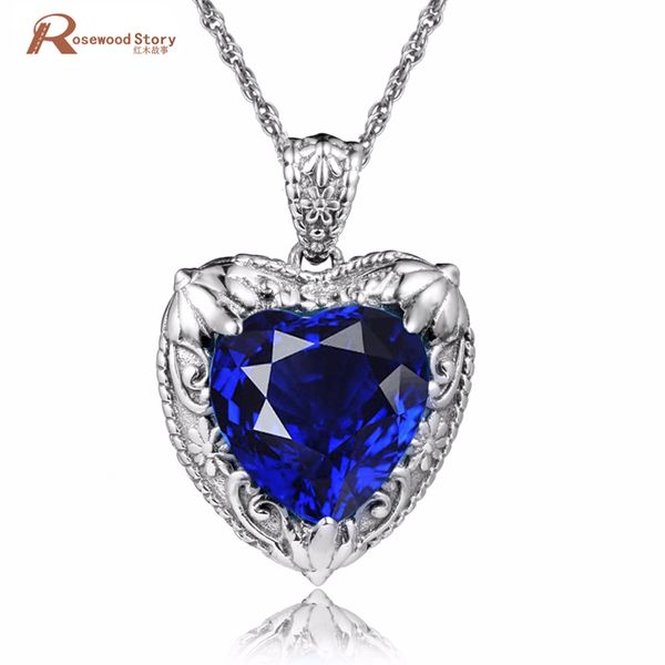 

solid 925 sterling silver pendant handmade heart shape created sapphire cz stone crystal necklace pendant women party jewelry