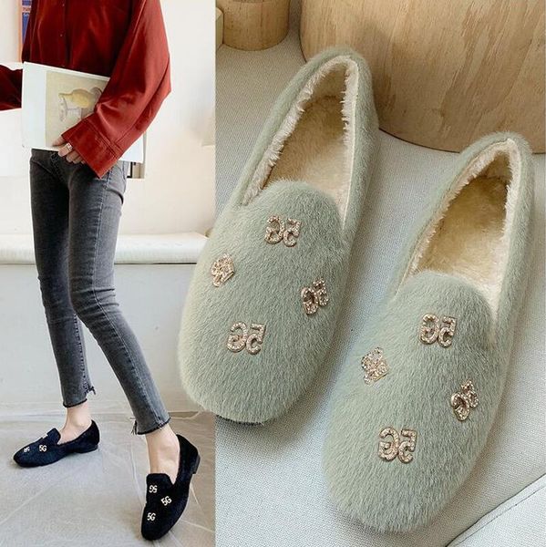 

cute plush winter shoes women warm peluche crystal flats fashion furry casual shoes woman outdoor loafers zapatillas mujer, Black