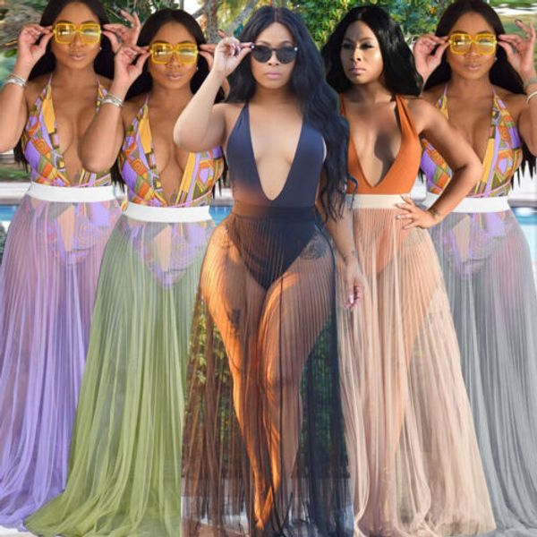 

fashion women ladies solid summer see through holiday beach bikini cover up swimwear sheer beach wrap skirt sarong pareo skirts, Black