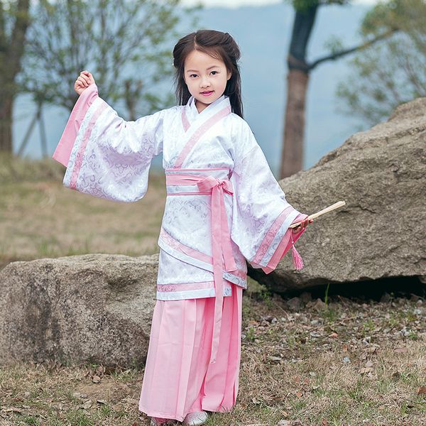 

baby girls vintage hanfu clothing suit chinese ancient princess fairy dress traditional kids zither dance performance clothes, Red
