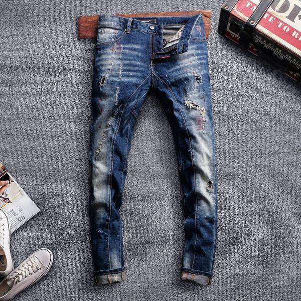 

italian style fashion men jeans retro blue slim fit destroyed ripped jeans men biker pants streetwear hip hop homme