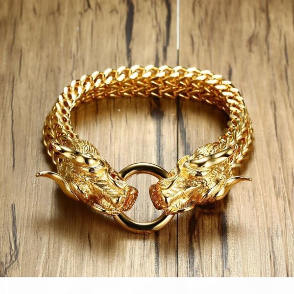 

men's punk double dragon head herringbone chain bracelet for men braslet stainless steel gold tone hip hop male jewelry 22.5cm, Black