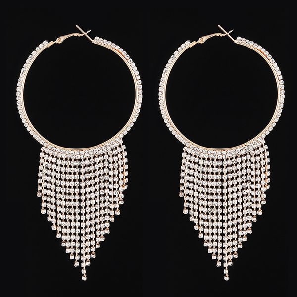 

rhinestone circle hollow out earrings street time concise tassels temperament exaggeration claw chain earring, Golden