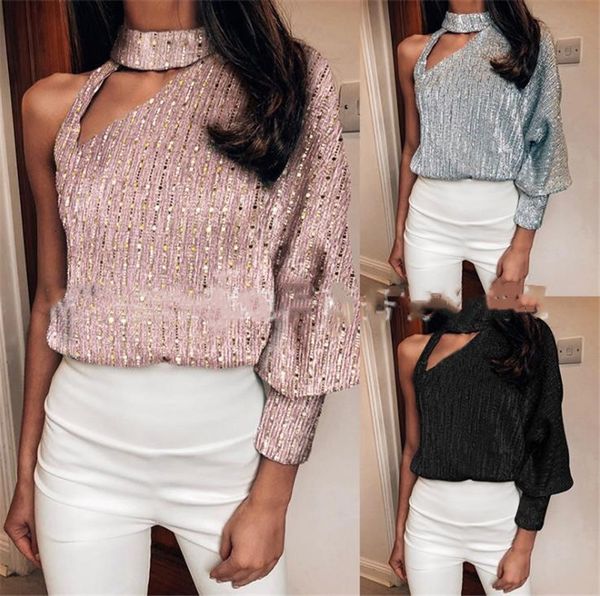 

new women tshirt fashion one shoulder sequins lantern sleeve crew neck short sleeve womens tshirt urban womens tees, White