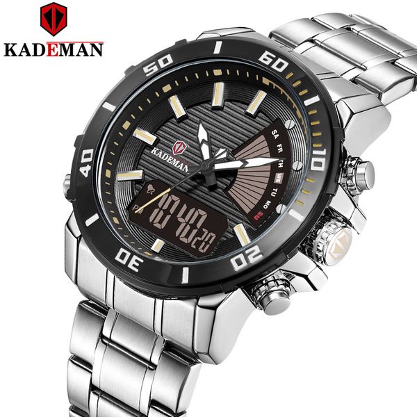 

kademan mens watch dual display sports chronograph digital watches fashion waterproof quartz wristwatches for men, Slivery;brown