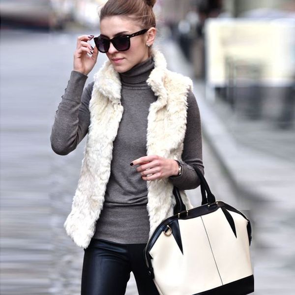 

2019 spring and winter european and american style new fashion elegant wild lady sleeveless imitation fur slim vest coat tide, Black;white