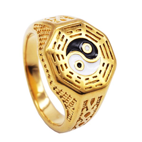 

vintage retro chinese national ethnic style tai chi yin yang eight diagram rings mens jewelry - golden plated color 12g - stainless steel, Golden;silver