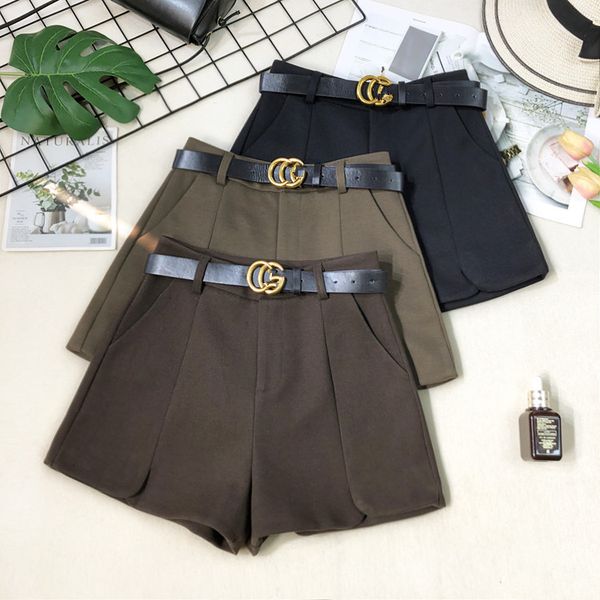 

2020 new women's high wasit with belt woolen thickening warm boot cut wide leg shorts plus size s m  xl, White;black