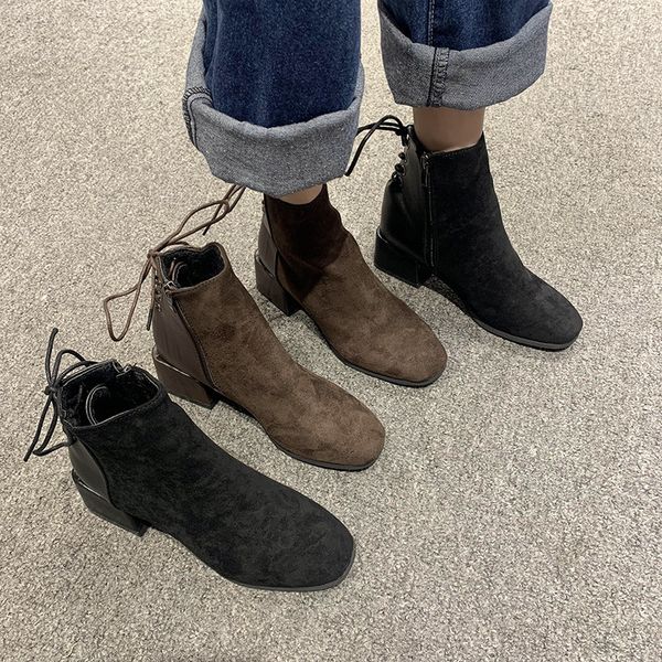 

white ankle boots shoes winter footwear lace up round toe boots-women booties ladies low rock 2020 rubber med 2019, Black