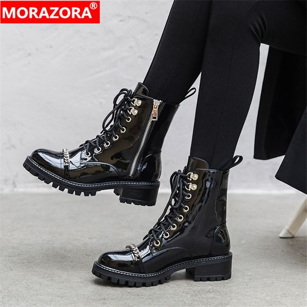 

morazora 2020 ankle boots for women chain zip lace up autumn winter punk platform shoes ladies motorcycle boots, Black
