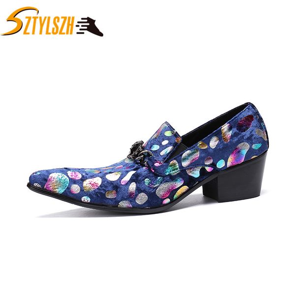 

new 6cm high heel mens dress shoes print feather colors pointed toe heighten wedding shoes gents high-heeled party leather, Black