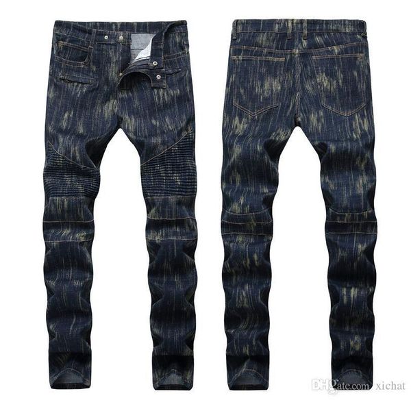 

2018 men's creases hit color straight leg jeans fashion designer hole jeans causal denim zip creases style jeans qkn1388, Blue