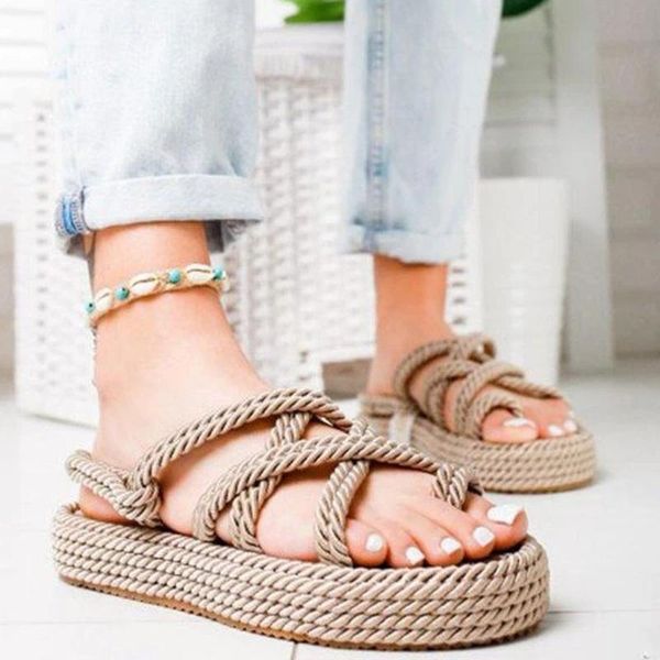 

weaving sandals linen rope platform sandalias mujer women shoe 2020 chaussures femme summer shoes woman sandals zapatos de mujer, Black