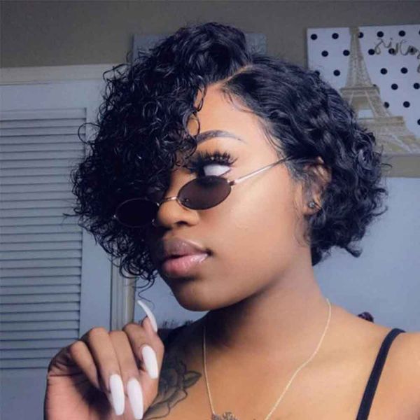 

short bob wig water wave lace front human hair wigs 150% brazilian hd full frontal 360 pixie cut afro curly pre plucked invisible diva1, Black;brown