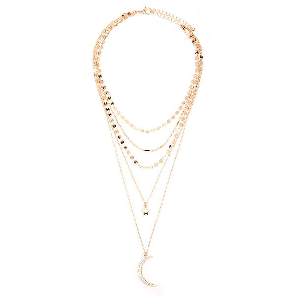 

explosive fashion layered wafer star woman necklace, zircon crescent pendant, multi-layer handmade necklace, banquet jewelry, Silver
